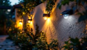 A photograph of a beautifully illuminated outdoor space featuring wall-mounted solar lights