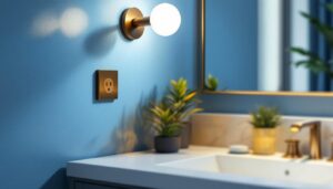 A photograph of a stylish vanity light fixture with an integrated outlet