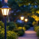 A photograph of a beautifully illuminated lamp post solar light in an outdoor setting during dusk