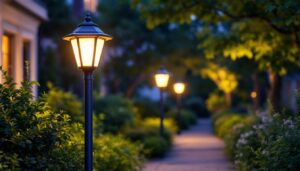 A photograph of a beautifully illuminated lamp post solar light in an outdoor setting during dusk