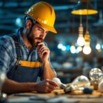 A photograph of a lighting contractor thoughtfully examining a variety of led globe bulbs in a well-lit workspace