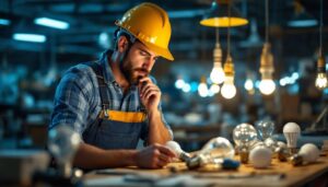 A photograph of a lighting contractor thoughtfully examining a variety of led globe bulbs in a well-lit workspace