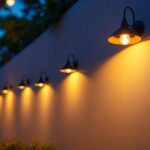 A photograph of a beautifully illuminated outdoor space featuring a variety of stylish and functional lighting fixtures
