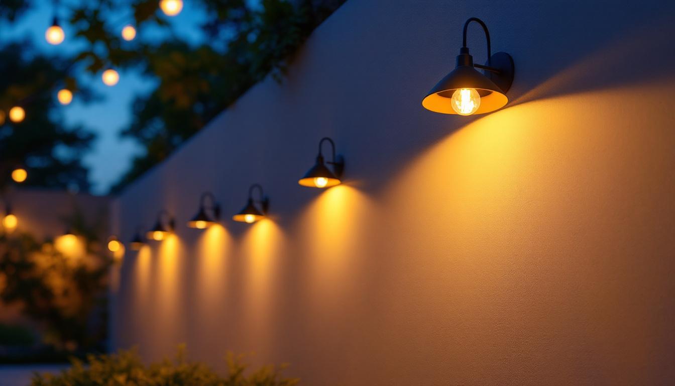 A photograph of a beautifully illuminated outdoor space featuring a variety of stylish and functional lighting fixtures