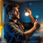 A photograph of a lighting contractor expertly installing or adjusting a track light bulb in a stylish