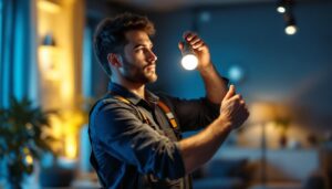 A photograph of a lighting contractor expertly installing or adjusting a track light bulb in a stylish