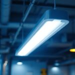 A photograph of a well-lit 2 ft fluorescent fixture installed in a commercial setting
