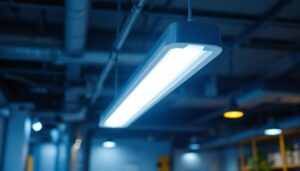 A photograph of a well-lit 2 ft fluorescent fixture installed in a commercial setting