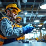 A photograph of a lighting contractor efficiently installing energy-saving led fixtures in a modern commercial space