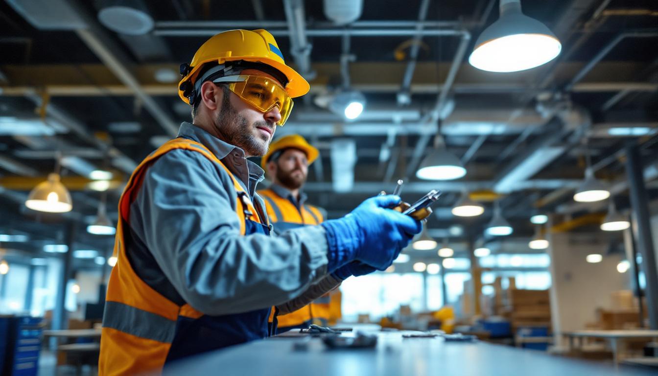 A photograph of a lighting contractor efficiently installing energy-saving led fixtures in a modern commercial space