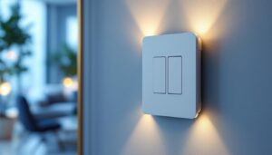 A photograph of capture a photograph of a stylish rocker double switch installed on a modern wall