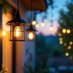 A photograph of a stylish black outdoor hanging light elegantly illuminating a cozy outdoor space