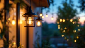 A photograph of a stylish black outdoor hanging light elegantly illuminating a cozy outdoor space