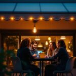 A photograph of a team of professionals collaborating under a beautifully lit awning