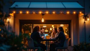 A photograph of a team of professionals collaborating under a beautifully lit awning