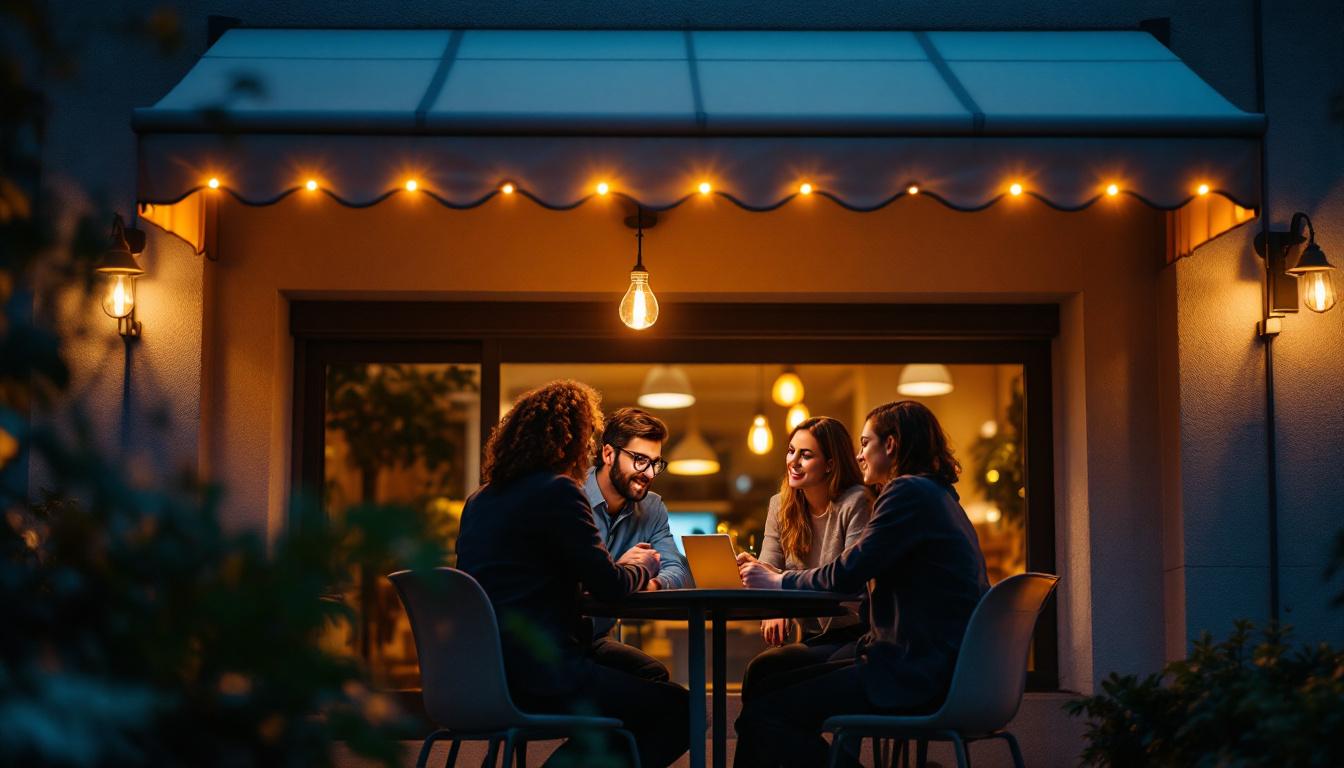 A photograph of a team of professionals collaborating under a beautifully lit awning