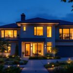 A photograph of a beautifully illuminated exterior of a modern home at dusk