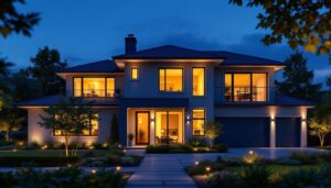A photograph of a beautifully illuminated exterior of a modern home at dusk