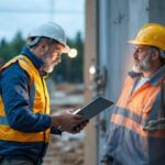 A photograph of a lighting contractor inspecting an electrical utility box cover on a job site