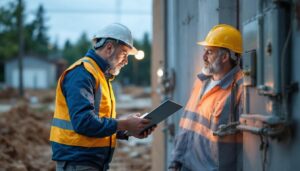 A photograph of a lighting contractor inspecting an electrical utility box cover on a job site