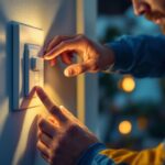 A photograph of a lighting contractor installing a motion detection light switch in a residential setting
