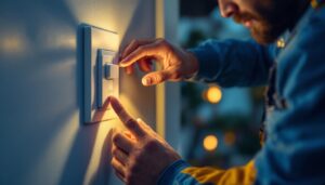 A photograph of a lighting contractor installing a motion detection light switch in a residential setting