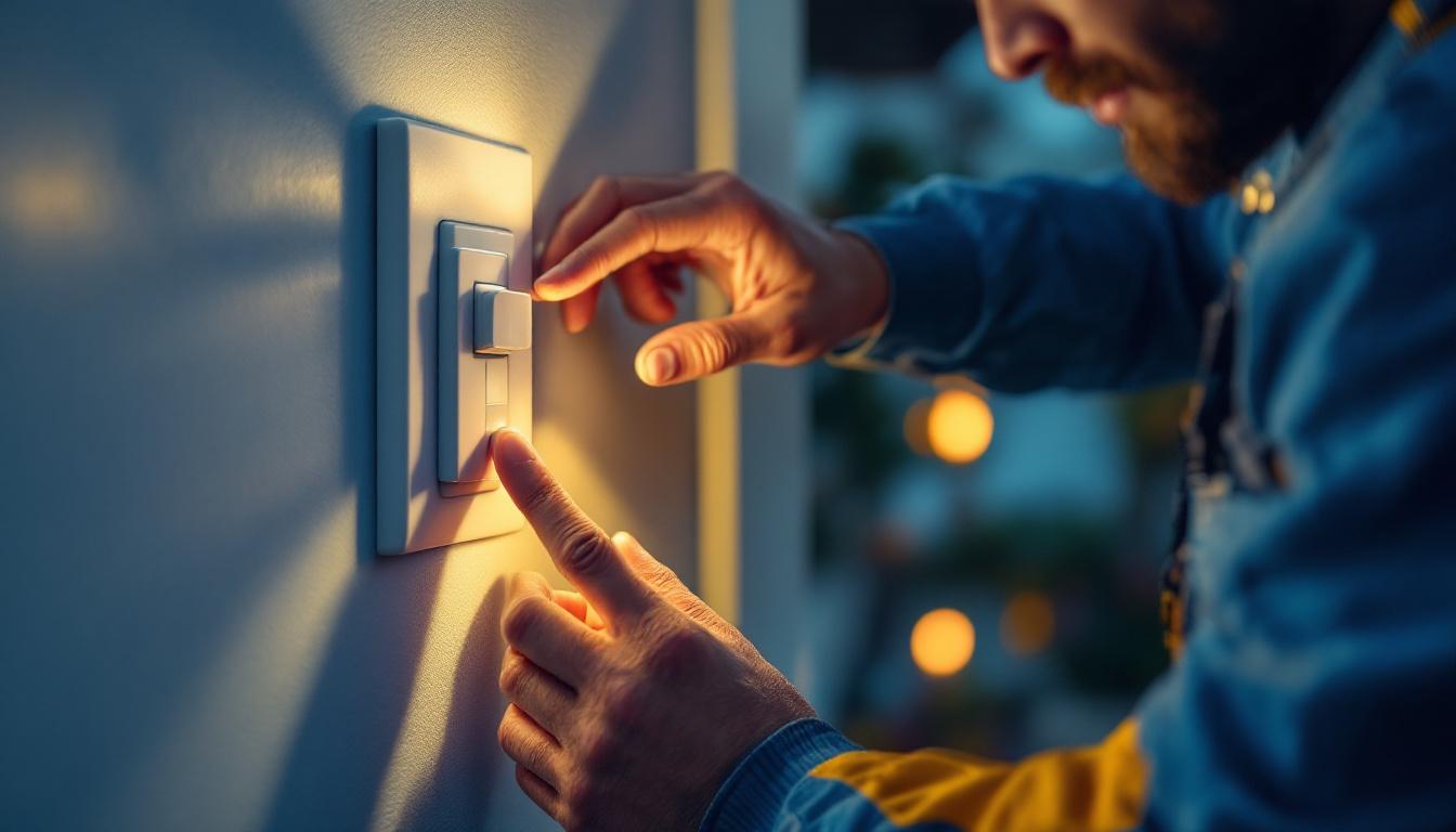 A photograph of a lighting contractor installing a motion detection light switch in a residential setting