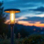 A photograph of a beautifully illuminated modern post light in an outdoor setting