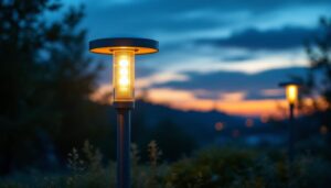 A photograph of a beautifully illuminated modern post light in an outdoor setting