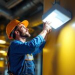 A photograph of a lighting contractor installing an exit emergency light combo in a commercial setting