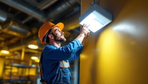 A photograph of a lighting contractor installing an exit emergency light combo in a commercial setting