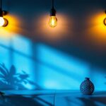 A photograph of a well-lit corner of a room showcasing stylish lighting fixtures