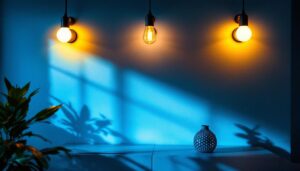 A photograph of a well-lit corner of a room showcasing stylish lighting fixtures
