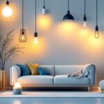 A photograph of a beautifully arranged selection of various lighting fixtures in a stylish home setting