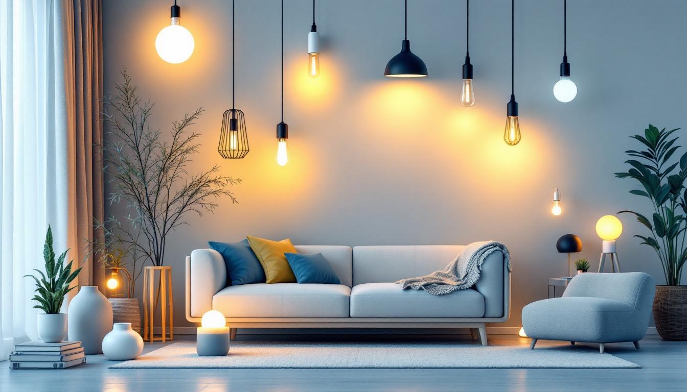 A photograph of a beautifully arranged selection of various lighting fixtures in a stylish home setting