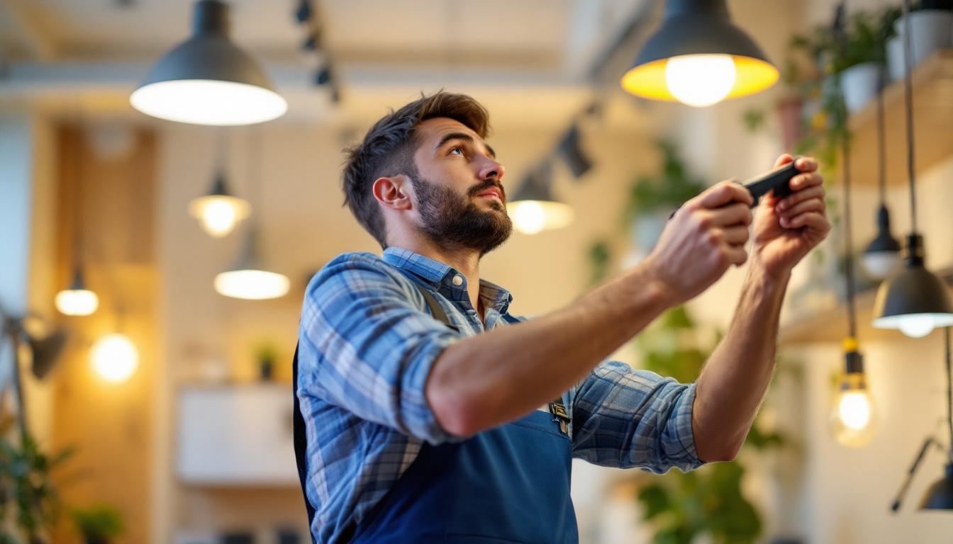 A photograph of a lighting contractor skillfully installing or showcasing various innovative light fixtures in a modern workspace