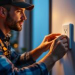 A photograph of a lighting contractor expertly installing a plug cover plate in a residential setting