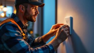 A photograph of a lighting contractor expertly installing a plug cover plate in a residential setting