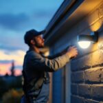 A photograph of a skilled lighting contractor installing motion sensor exterior lights on a residential property