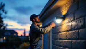 A photograph of a skilled lighting contractor installing motion sensor exterior lights on a residential property