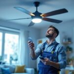 A photograph of a skilled lighting contractor examining and installing intertek ceiling fan replacement parts in a well-lit