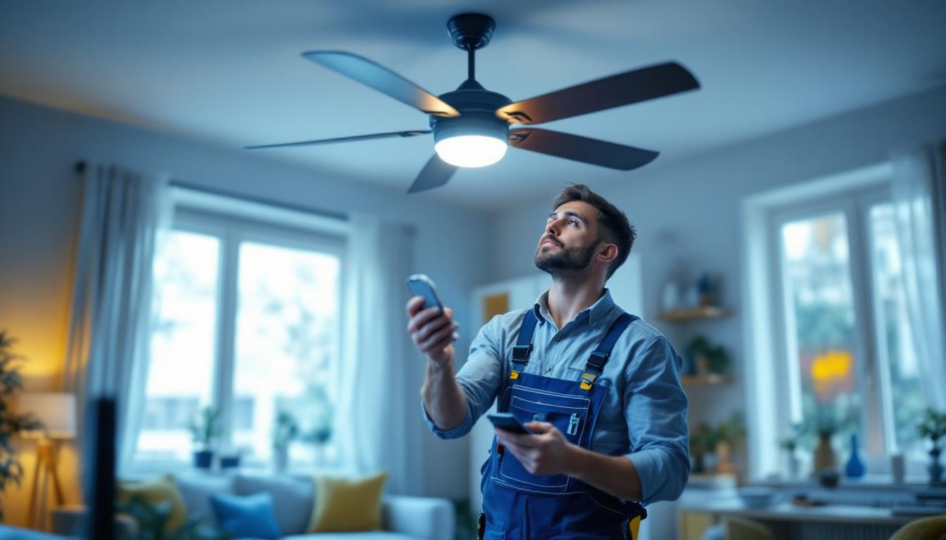 A photograph of a skilled lighting contractor examining and installing intertek ceiling fan replacement parts in a well-lit