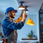 A photograph of a skilled lighting contractor installing led surface-mounted lights in a modern interior space