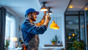 A photograph of a skilled lighting contractor installing led surface-mounted lights in a modern interior space