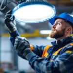 A photograph of a lighting contractor inspecting a led light fixture with the ballast removed