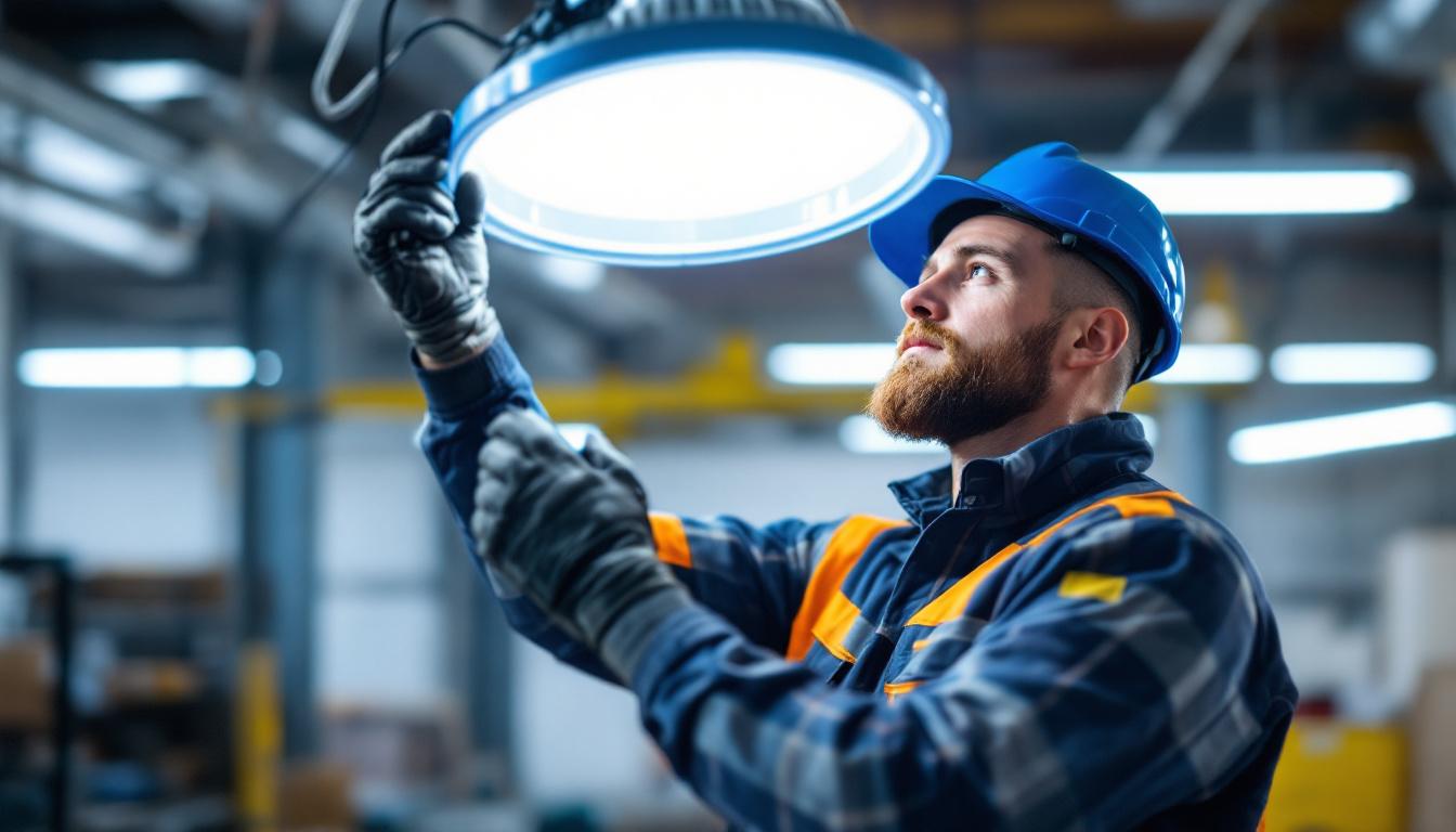 A photograph of a lighting contractor inspecting a led light fixture with the ballast removed