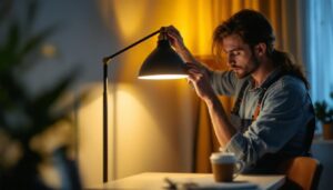 A photograph of a lighting contractor skillfully installing or adjusting a stylish