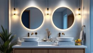 A photograph of a beautifully designed bathroom vanity with stylish lighting fixtures that highlight the elegance and functionality of the space