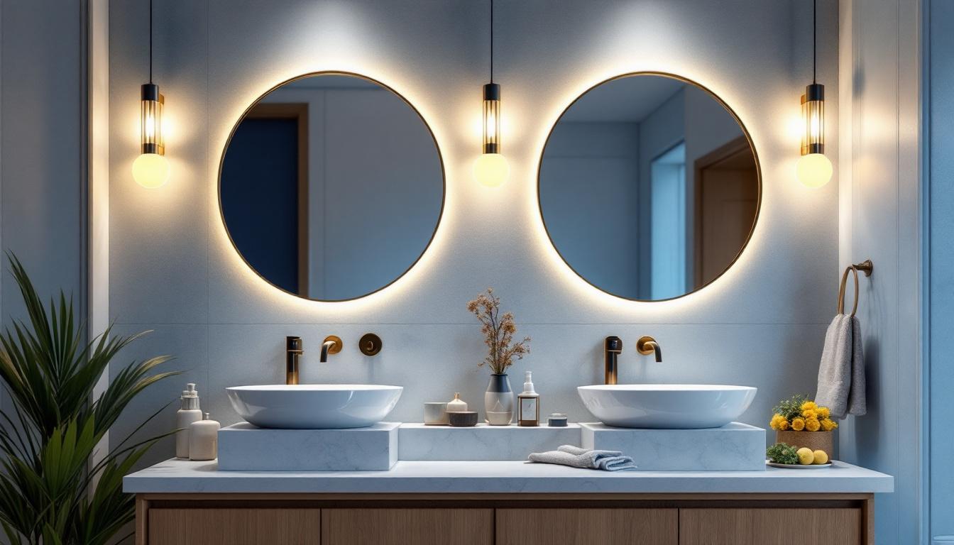 A photograph of a beautifully designed bathroom vanity with stylish lighting fixtures that highlight the elegance and functionality of the space