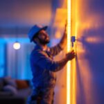 A photograph of a lighting contractor expertly installing led tape light clips in a modern interior setting